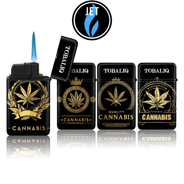 JET-Flame Feuerzeug &bdquo;Gold Cannabis&ldquo; | Flip Cap | 20er Display