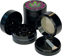 Metall Herbal Grinder "Black Leaf", 4-teilig, 4cm, 12er Display