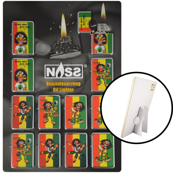 Benzin-Feuerzeug "Rasta-Man" 12er Stand-Display