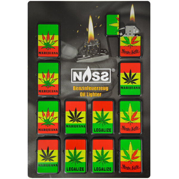 Benzin-Feuerzeug "Cannabis" 12er Stand-Display