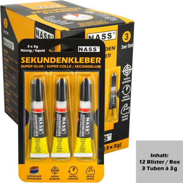 Sekundenkleber "NASS", 3er Set (3x3g), 12er Display
